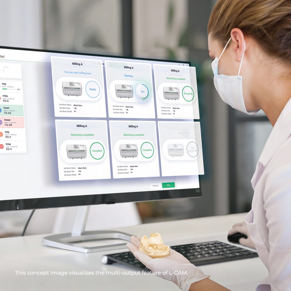 L-CAM software multi-output dashboard monitoring multiple milling machine status operations in real time.